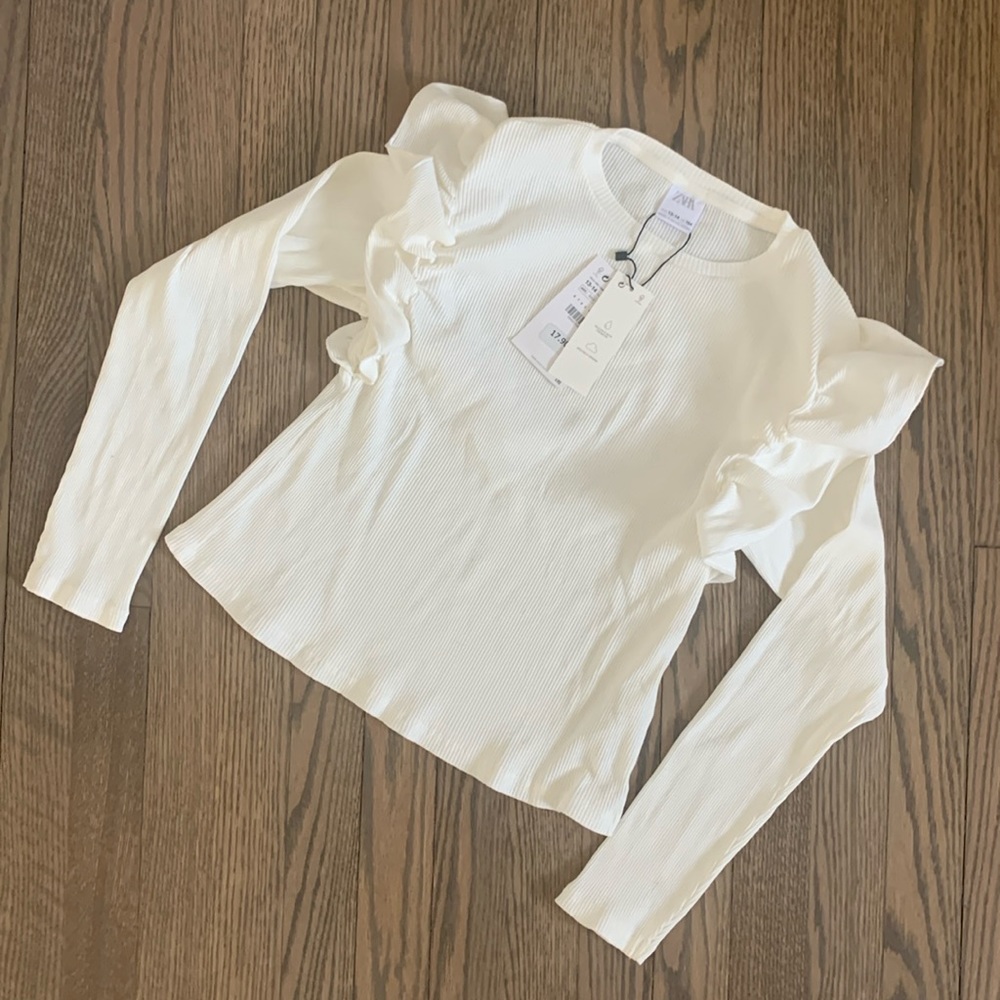 Zara Ruffle Long Sleeve White Top Ribbed Cotton Size 13-14
